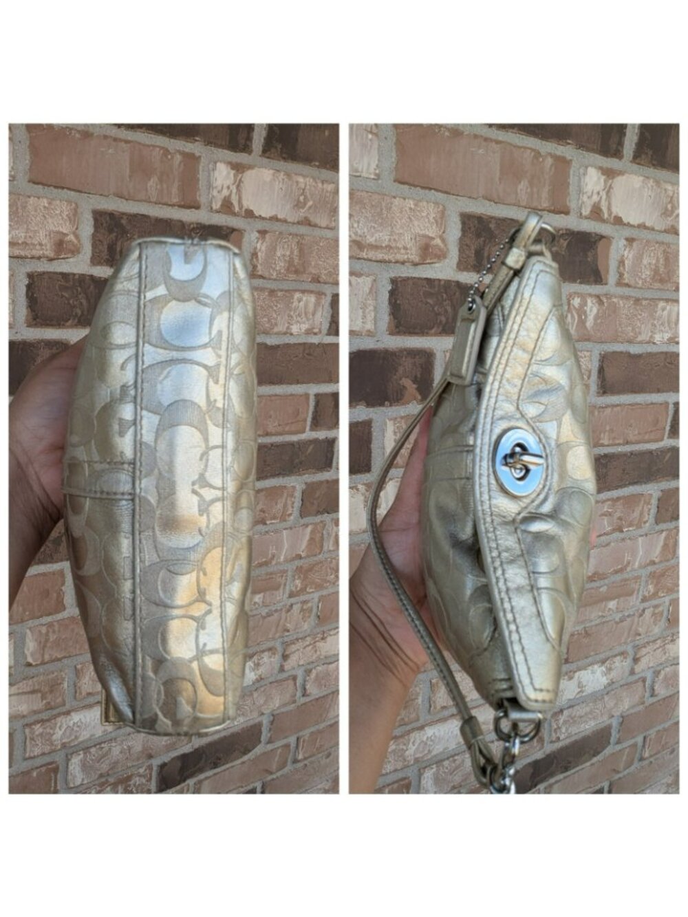 Vintage Y2K Coach Signature Turn Lock Convertible Wristlet Mini Bag Gold Silver - Picture 7 of 12